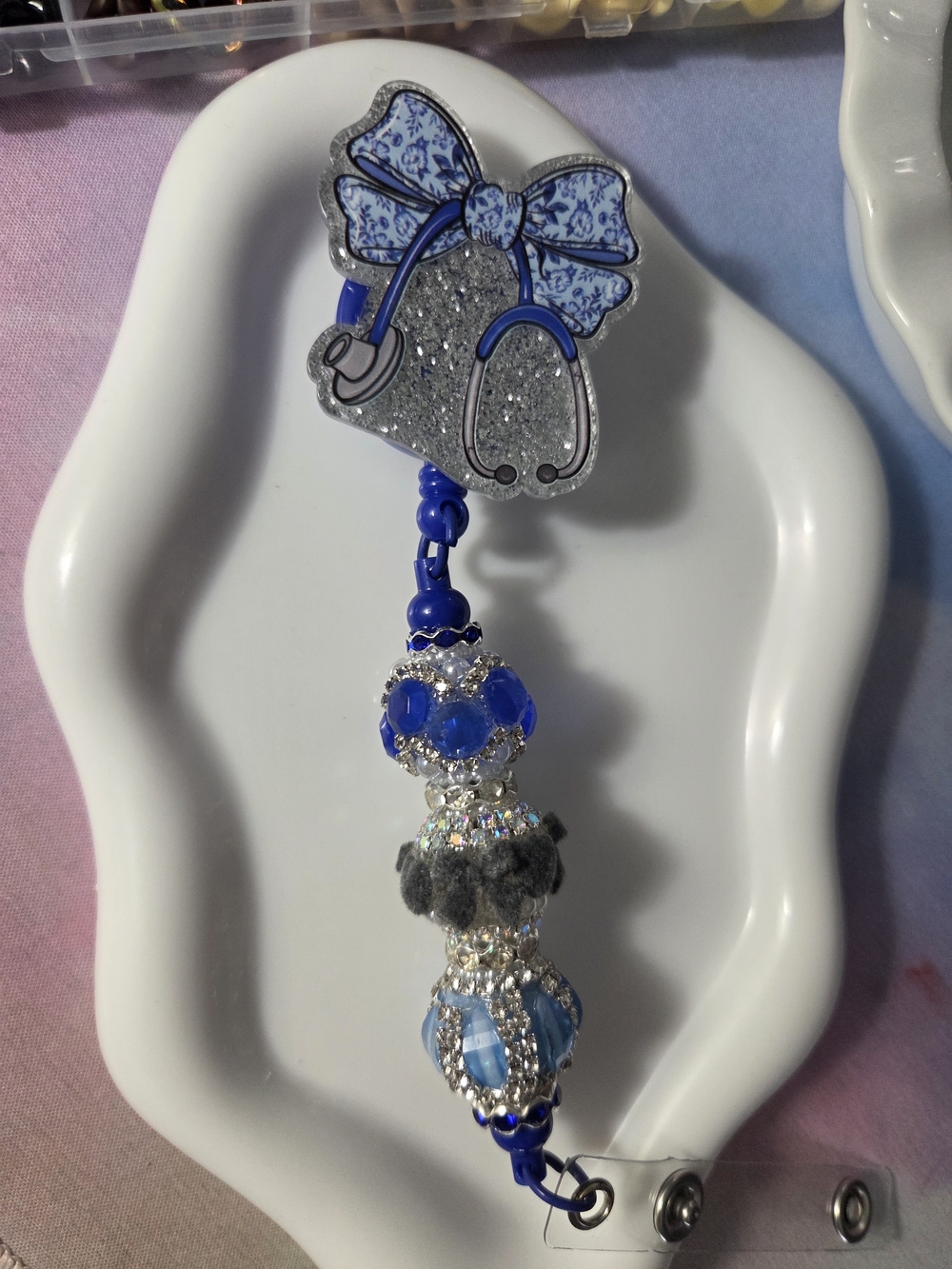 Blue Beaded Cute Stethoscope Badge Reel - Unbranded